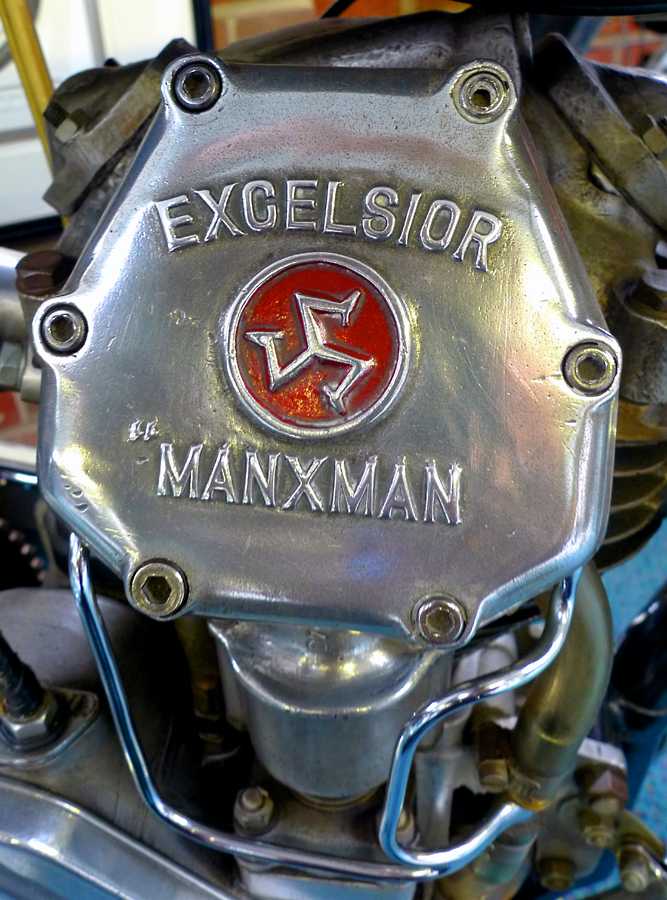 L1010561.JPG - Engine detail from 1935 Excelsior single. The three legged figure is the symbol of the Isle of Man.